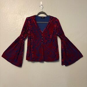 Vici blue and red floral velvet boho bell sleeve blouse size large